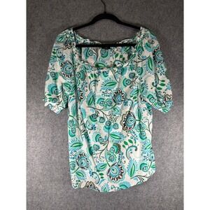 Talbots Women Size L Cotton Floral Print‎ Square Neck Short Sleeve Blouse LIGHT
